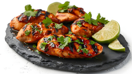 Homemade grilled chipotle chicken breast with cilantro and lime closeup on a slate plate on the table. horizontal isolated on white background, realistic, png
