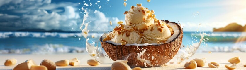 Coconut ice cream, served in a coconut shell, topped with roasted peanuts, sunny beach setting