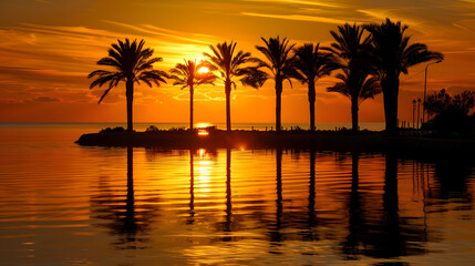 Obraz premium Sunset over the sea with palm trees, Summer wallpaper.