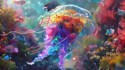 Transparent jellyfish in deep blue sea, World Oceans Day jellyfish close-up concept illustration. Generative AI