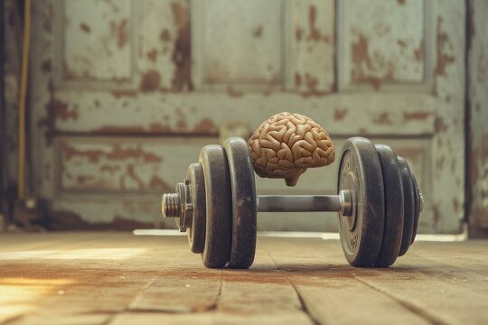 Artistic image showcasing a brain model on a dumbbell, symbolizing mental strength and cognitive fitness