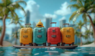 familia representada por maletas subidas en una tabla de surf yendo a su destino de vacaciones, pez de juguete a bordo, dispuestos a pasar días felices disfrutando del mar, cielo con nubes 