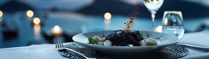 Croatian crni rizot, squid ink risotto, deep black contrasting with a white plate, seaside restaurant, dusk lighting reflecting off the water