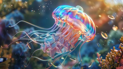 Transparent jellyfish in deep blue sea, World Oceans Day jellyfish close-up concept illustration. Generative AI