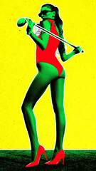 Sexy stylish young girl in red bodysuits and heels posing with golf club against bright yellow background. Contemporary art. Sport, hobby, leisure activity. Colorful creative design concept. Pop art