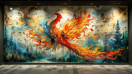 breathtaking mural of a majestic phoenix rising from the ashes symbolizing resilience and renewal