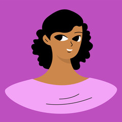 Face of a young black girl. African american brunette. Cartoon character design in flat style isolated on backround