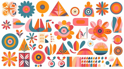 Set of abstract retro geometric shapes vector. Collection of contemporary figure, sparkle, arrow, flower in 70s groovy style