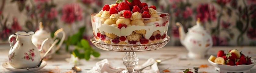 English trifle, layers of sponge, fruit, custard, and cream, tall glass bowl, elegant afternoon tea setting, softfocus background with floral patterns