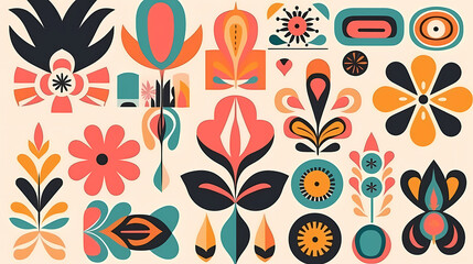 Set of abstract retro geometric shapes vector. Collection of contemporary figure, sparkle, arrow, flower in 70s groovy style