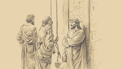 Fototapeta premium Jesus' Unjust Trial and Condemnation, Biblical Illustration of Sacrifice, Perfect for Religious Stock Photos