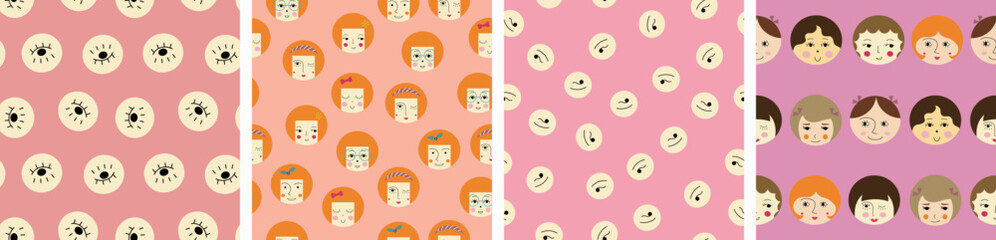 Four creative patterns pack, sweet girlish faces. Repeating surface design, female person, multipurpose use.