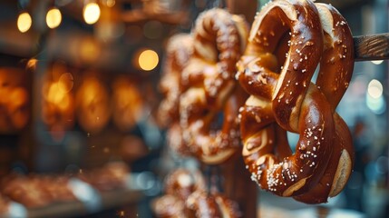 Freshly baked German pretzels hanging on a wooden stand, closeup, detailed texture of the crust, blurred Bavarian beer garden in the background