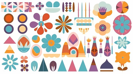 Set of abstract retro geometric shapes vector. Collection of contemporary figure, sparkle, arrow, flower in 70s groovy style