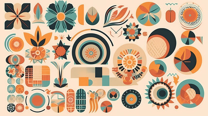 Fototapeta premium Set of abstract retro geometric shapes vector. Collection of contemporary figure, sparkle, arrow, flower in 70s groovy style