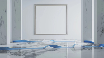 High-definition 3D mockup of an empty space with a blank frame, slate blue ribbons, and a marble floor.