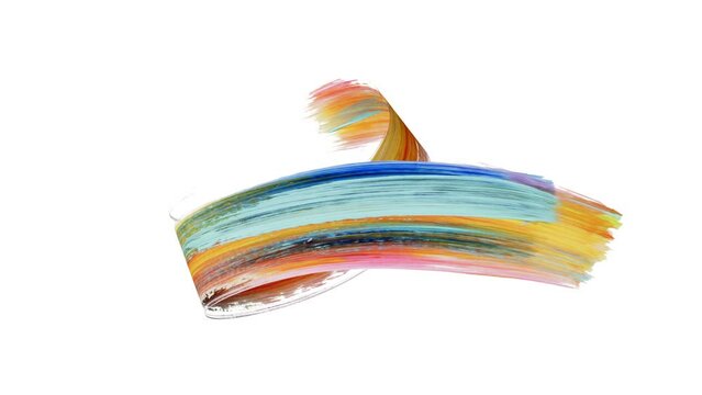 Creative 3D animation. Vivid colorful brush stroke moves on a spontaneous trajectory, isolated on a white background. Abstract shape drawn with paint