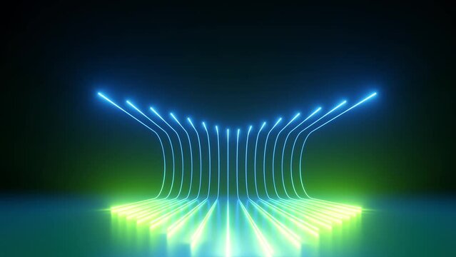 looping 3d animation. Abstract animated background of green blue neon glowing lines slide down along the curvy trajectory