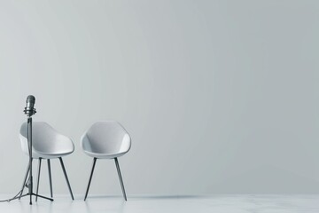 two chairs and microphones in podcast or interview room isolated on solid gray background as a wide...