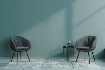 two chairs and microphones in podcast or interview room isolated on solid gray background as a wide banner for media conversations or podcast streamers concepts