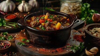 Goulash, hearty beef and vegetable stew, rustic Central European kitchen
