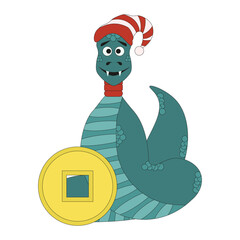 Design for t-shirt print and greeting card covers with cute Chinese 2025 New Year Zodiac Symbol isolated white background. Vector Chinese Snake in trendy Flat Sketchy lines style. Editable stroke..