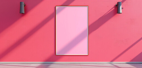 Panoramic mock up poster gallery with magenta wall, minimalist design, and modern spotlights.