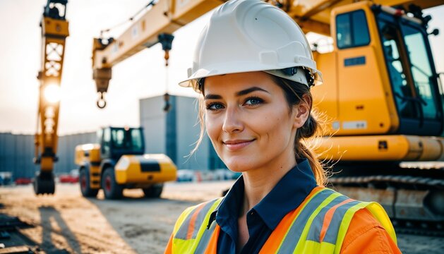 Close up of a smiling female professional construction crane operator wearing safety uniform against construction crane