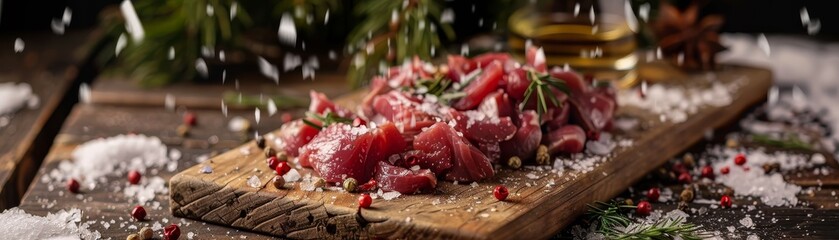 Hakarl, fermented shark meat, Icelandic delicacy, served on a wooden board with schnapps, cold snowy backdrop