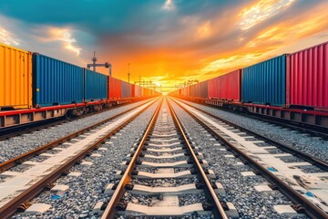 Fototapeta premium Container Freight Train Departing Industrial Port