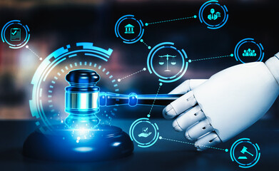 AI ethics related law concept shown by AI robot hand using lawyer working tools in lawyers office...