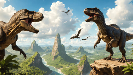 Two tyrannosaurus rex dinosaurs roar, high on a jungle cliff, flying terradactyls, Jurassic or Cretaceous period, lush dinosaur world scenery, high detail illustration, no AI artifacts