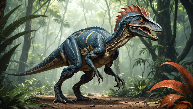 Velociraptor in a lush pre-historic jungle, Jurassic or Cretaceous period, dinosaur world, high detail illustration, no AI artifacts