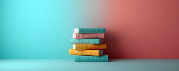 Stack of colorful books on a two-tone background. Ideal for educational, reading, or book-themed concepts.