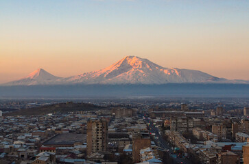 Mount Ararat and Sebastia-Malatia district in Yerevan, Armenia	scenic view at sunrise