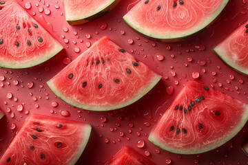 Flat lay with watermelon pieces, summer, summer food, summertime, healthy and fresh food, created with Generative AI technology