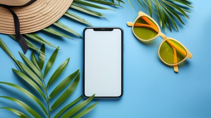 Mobile Phone Mockup with White Screen Floating on Blue Water, Surrounded by Palm Tree, Sunglasses, and Hat