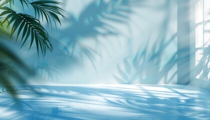 Fototapeta na wymiar Summer Concert Serenity: Blurred 3D Room with Blue Gradient Studio Background and Tropical Shadows -