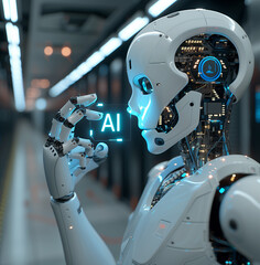 Fototapeta premium Robot hand holding microchip , artificial intelligence concept.