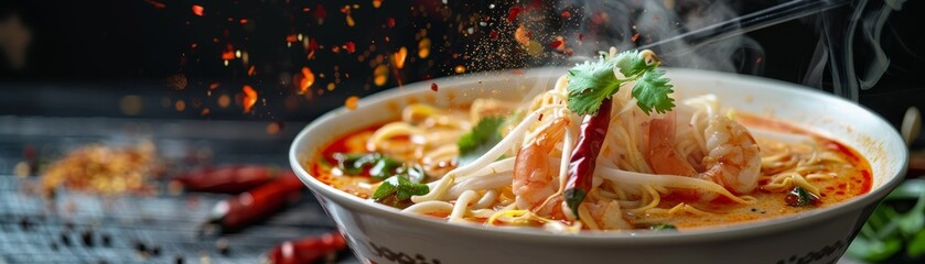 Laksa, spicy noodle soup with seafood, steamy Southeast Asian food market
