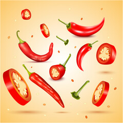 Fresh Red hot chili with Half,  Сhopped pieces of hot pepper flying, Seeds vector