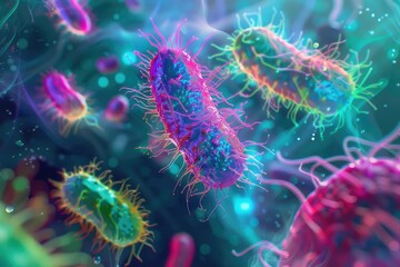 Bacteria swirling in a psychedelic pattern, Psychedelic, Bright Neon Colors, Digital Art, Depicting unseen microbial threats