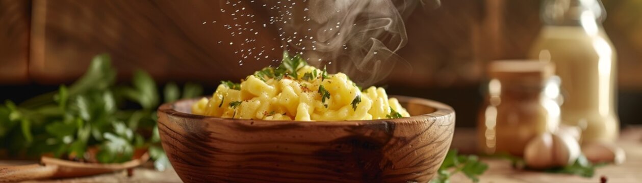 Liechtensteiner kasknopfle, cheesy spaetzle, served hot in a wooden bowl, alpine chalet, heartwarming meal on a cold day