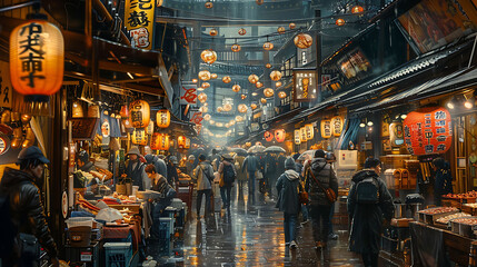 captivating printable mural of a bustling night market ideal for transforming the walls of a food hall's dining area immersing diners in the sights sounds and flavors of a bustling Asian market