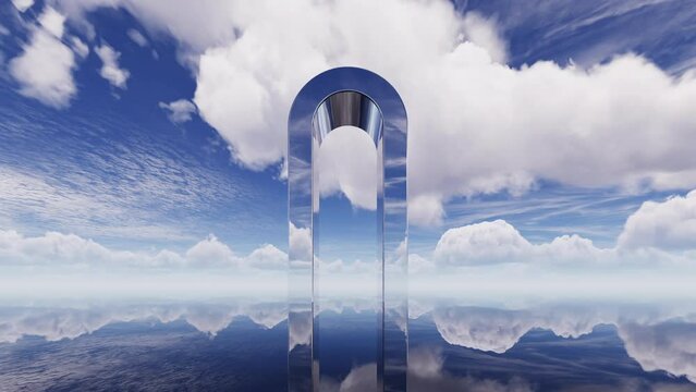 White clouds drift in a blue sky above tranquil water, with a huge polished chrome arch rising in the middle. Futuristic 3D animation. Minimalist panoramic nature scene