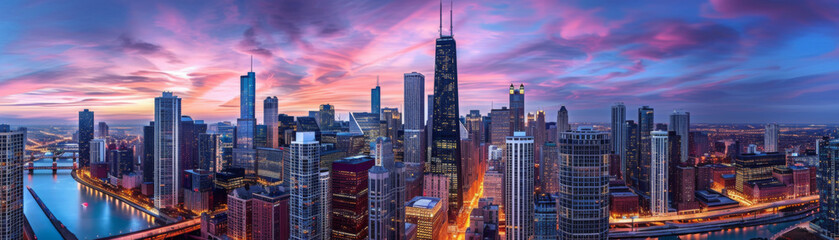 A panoramic view of a bustling city skyline at twilight