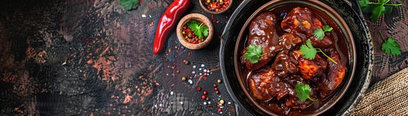 Mole poblano, chicken in rich chocolate and chili sauce, festive Mexican gathering
