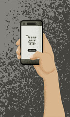 Male hand holding phone online shopping illustration, e-commerce, internet mobile shopping, add to cart, smart phone, commerce app