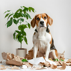 Naughty beagle dog with torn paper and overturned houseplant sitting in messy living room isolated on white background, text area, png
