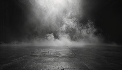 Obsidian Dreamscape: A Surreal Panoramic View of Abstract Fog on Dark Concrete Floor